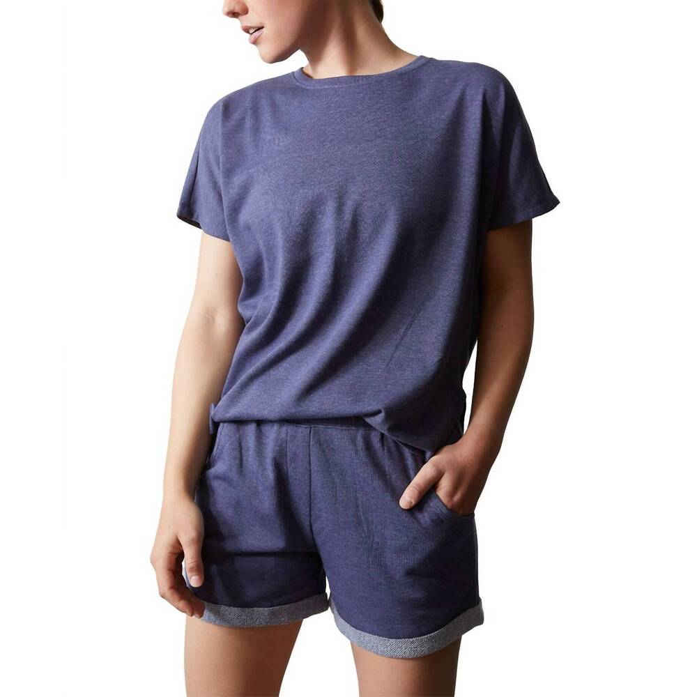 NEW JOSIE NATORI chi french terry split-back top in heather night blue